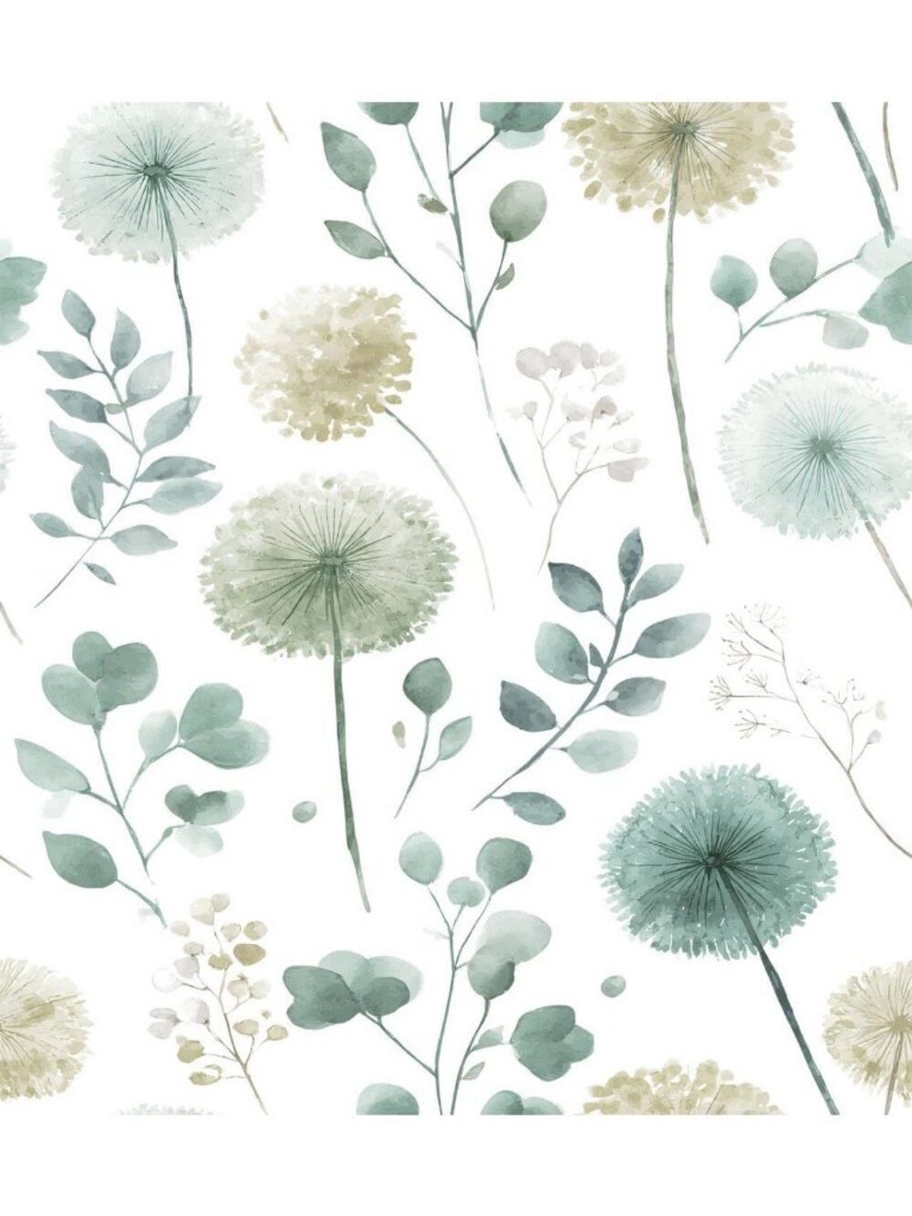 Modern Sage Green Dandelion Peel and Stick Wallpaper 17.7"x393.7